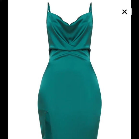 PRETTY LITTLE THING Emerald Green Strappy Draped Neck Midi Dress-10 - Picture 3 of 11